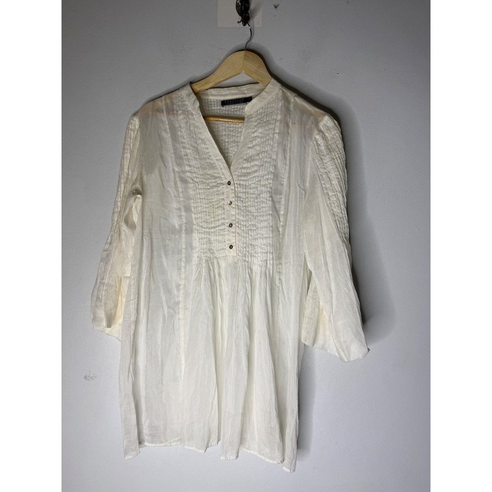 Peruvian Connection White Cotton Silk Pintuck Tunic Top Womens Medium